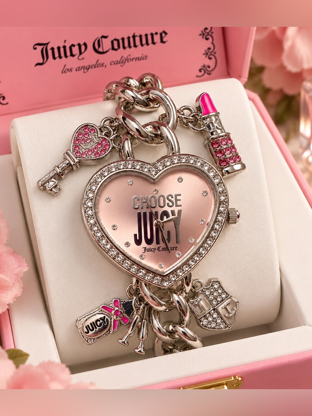 Juicy Couture Pink Heart Charm Bracelet Watch with Pink Accents